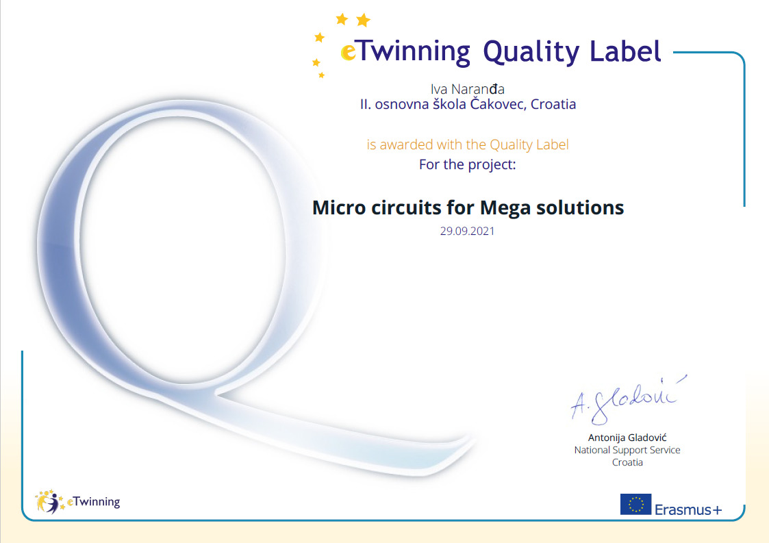 eTwinning nacionalna oznaka kvalitete Iva Narana Micro circuits for Mega solutions